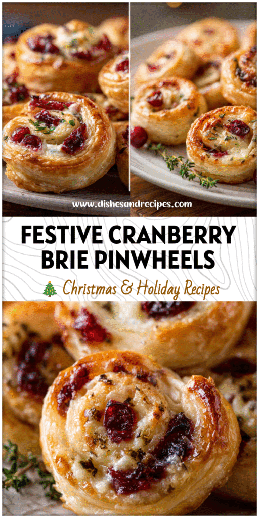 Golden puff pastry pinwheels filled with brie and cranberry sauce on a holiday platter.